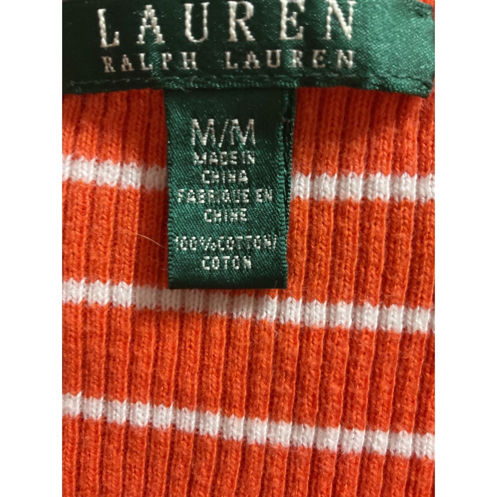 Lauren Ralph Lauren Orange White Striped Ribbed Henley Top 3/4 Sleeve Medium - Picture 5 of 8